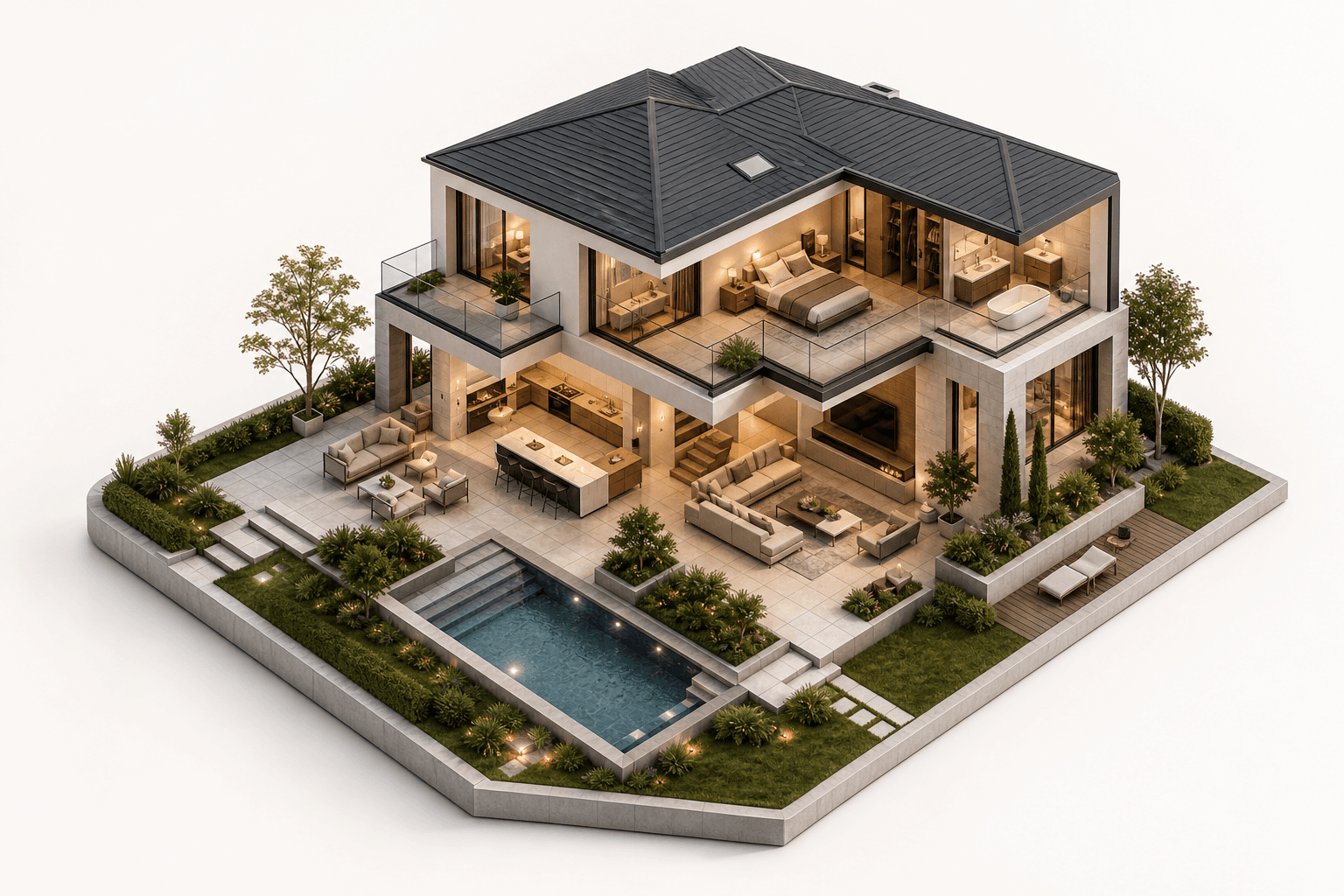 Maison contemporaine avec zones de travaux sélectionnables